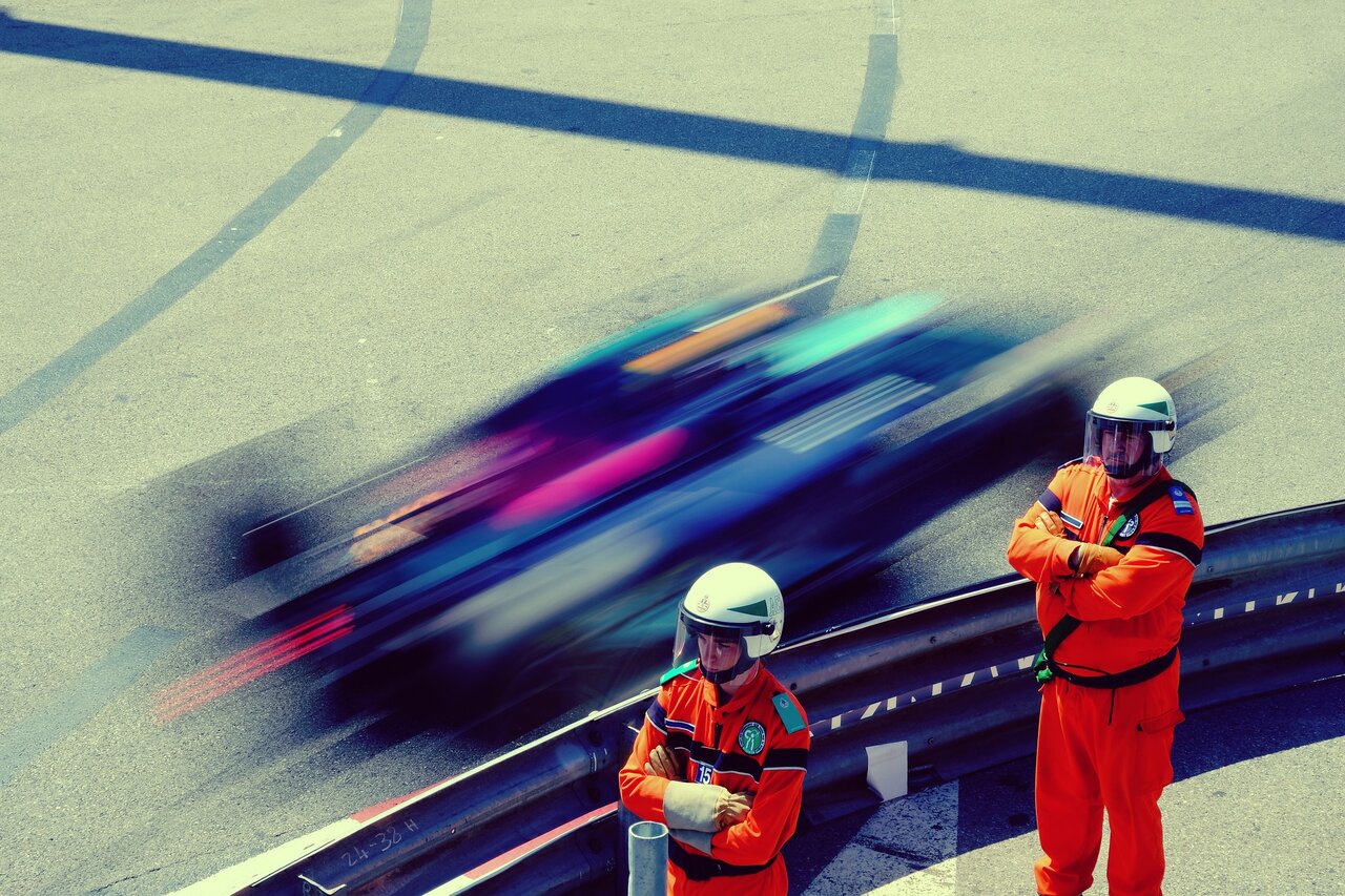 Formula 1 car racing on the Monaco Grand Prix street circuit