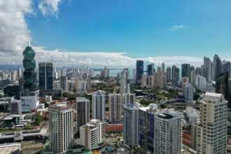 Panama City skyline with modern skyscrapers near Tocumen Airport route