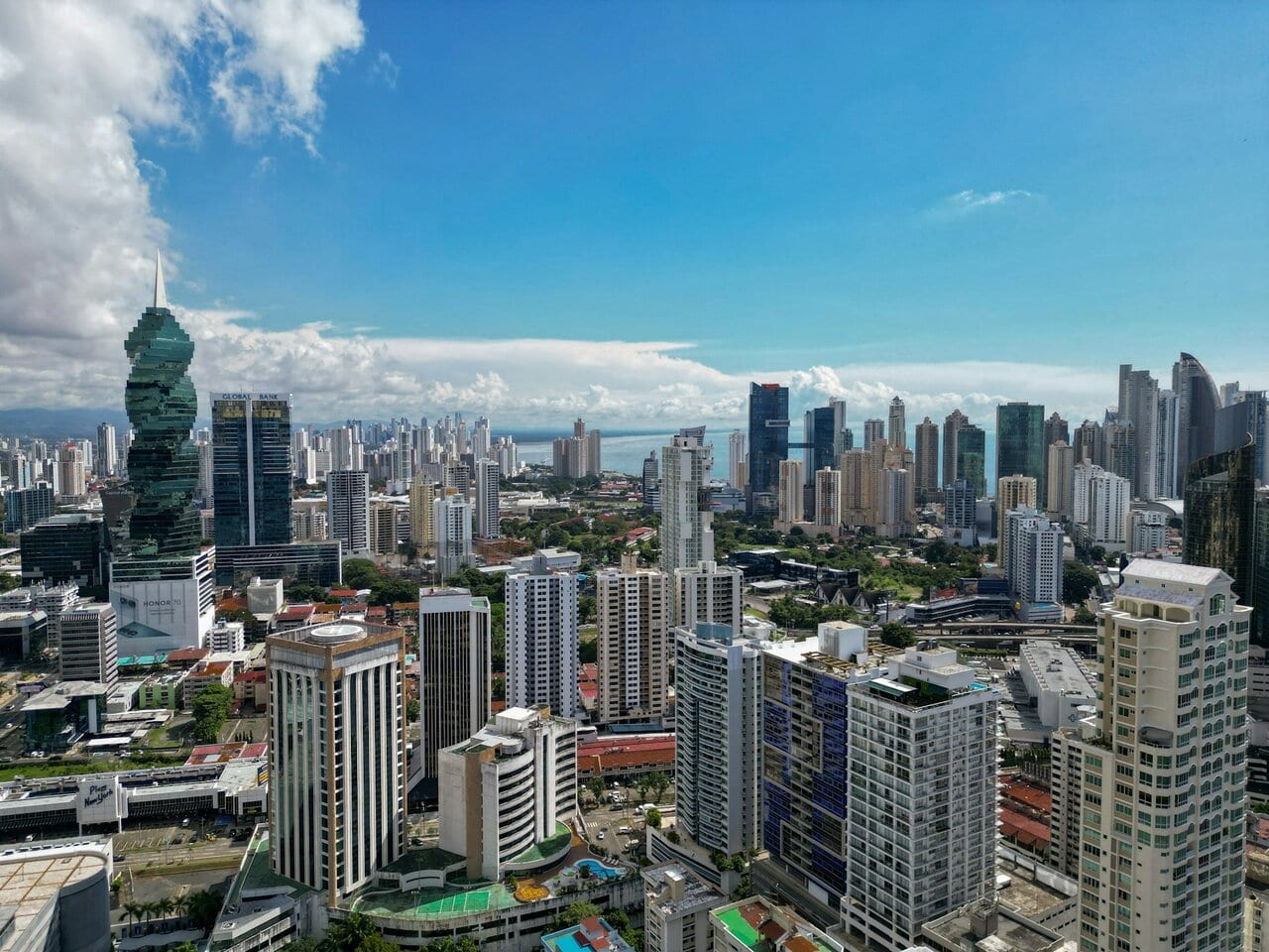 Panama City skyline with modern skyscrapers near Tocumen Airport route