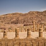 Ancient ruins and rock-cut tombs in Petra archaeological site in Jordan