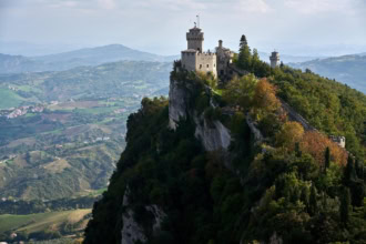 San Marino castle on Mount Titano with panoramic views over Italy, historic hilltop fortress and popular day trip destination