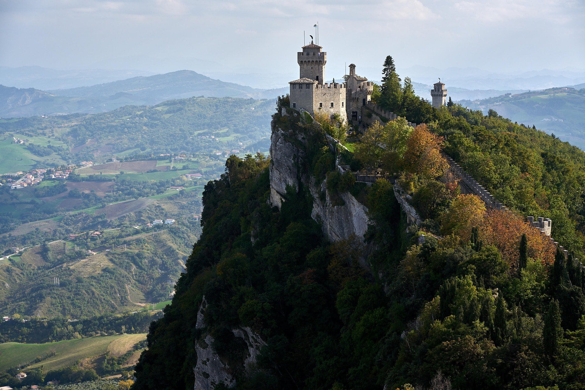 San Marino castle on Mount Titano with panoramic views over Italy, historic hilltop fortress and popular day trip destination