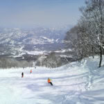 Skiing in Japan with wide groomed slope and mountain views in the background