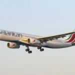 SriLankan Airlines Airbus aircraft landing at sunset