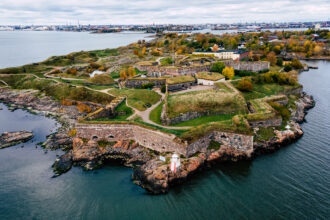 Aerial view of Suomenlinna sea fortress islands near Helsinki Finland