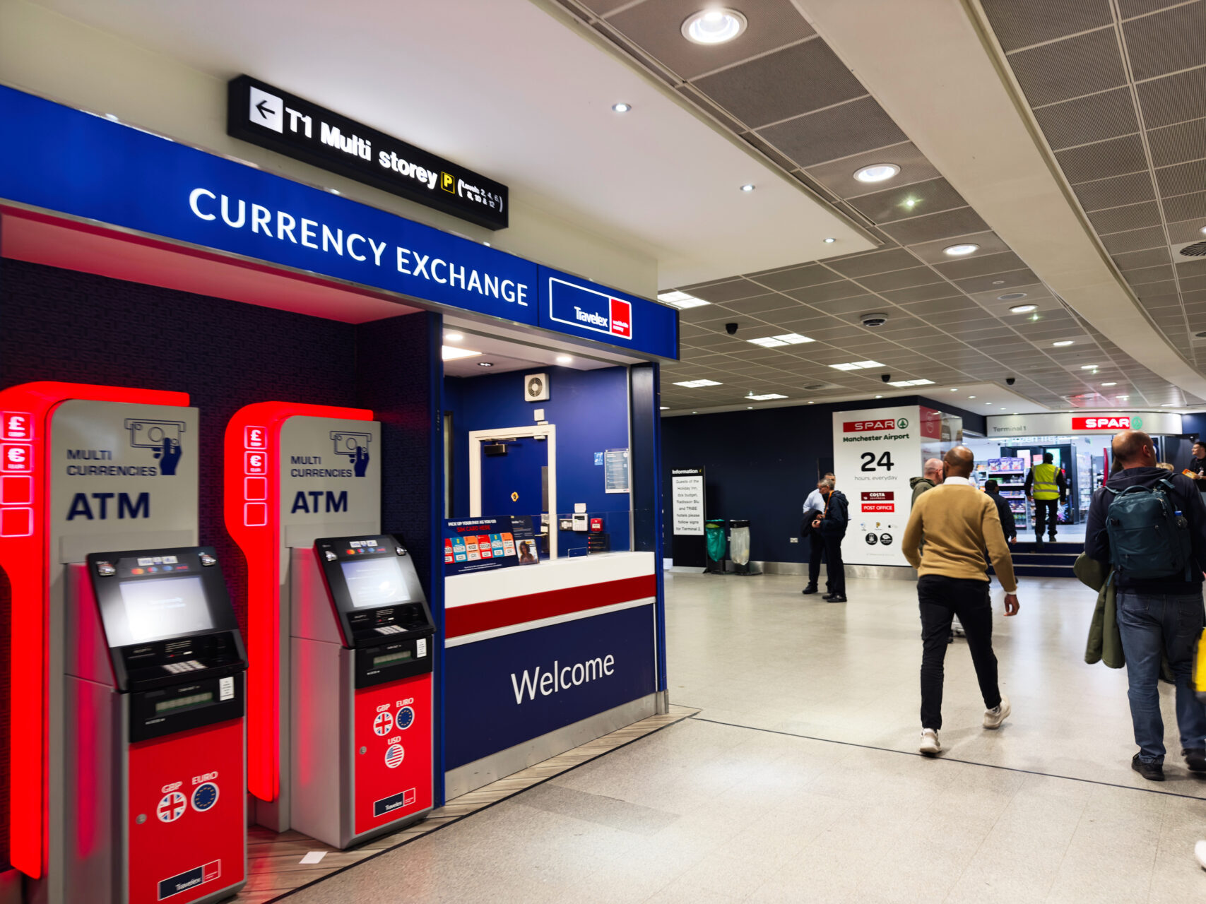 Airport currency exchange counter where travellers may receive poor exchange rates