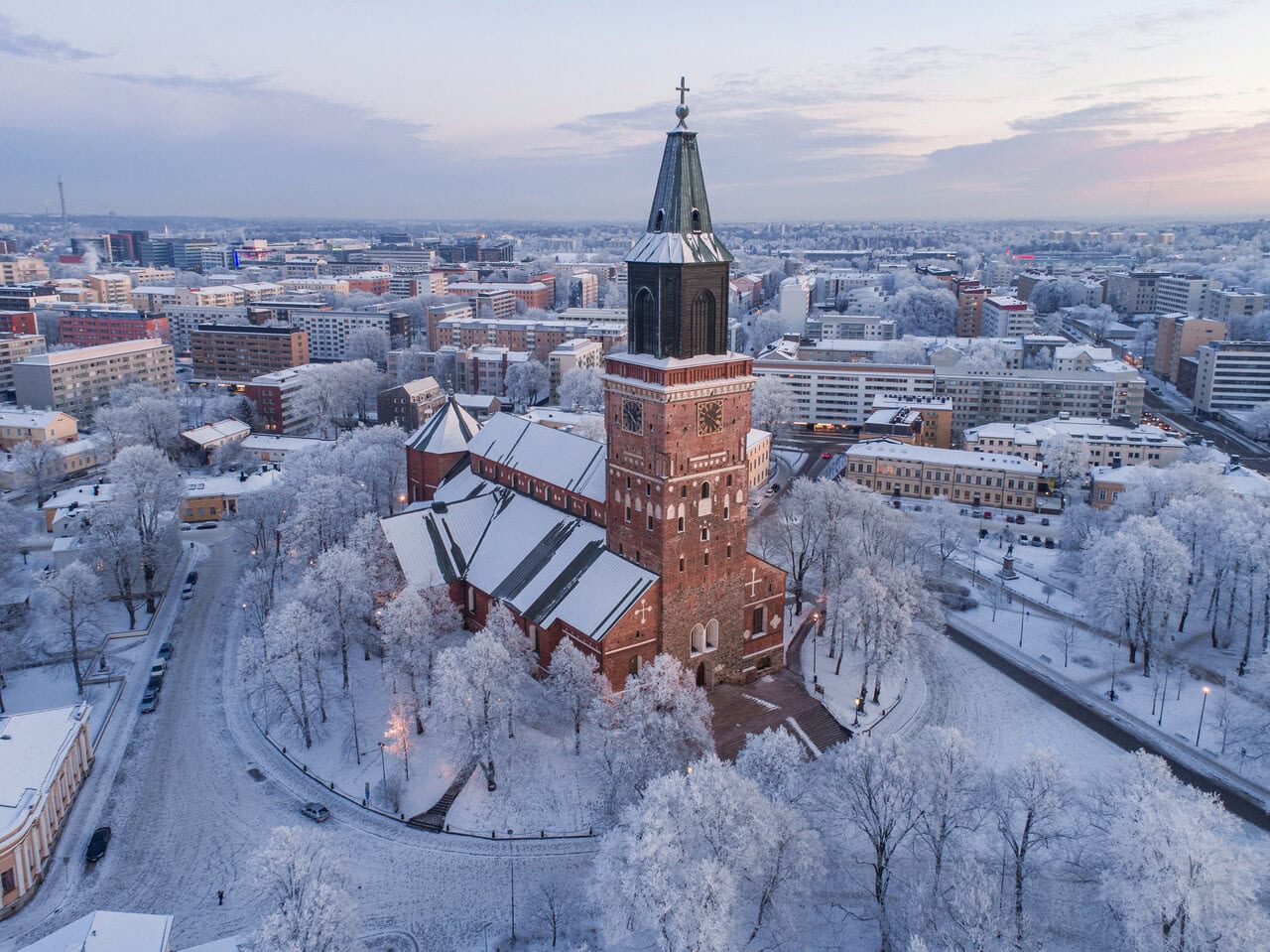 Turku Cathedral in winter Finland aerial view