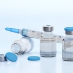 Travel vaccinations with syringe and vaccine vials on a clean medical background