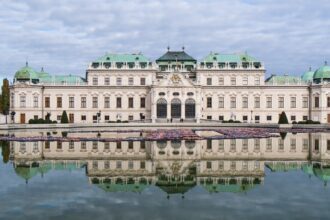 Belvedere Palace in Vienna with reflecting pool in front of the historic baroque palace