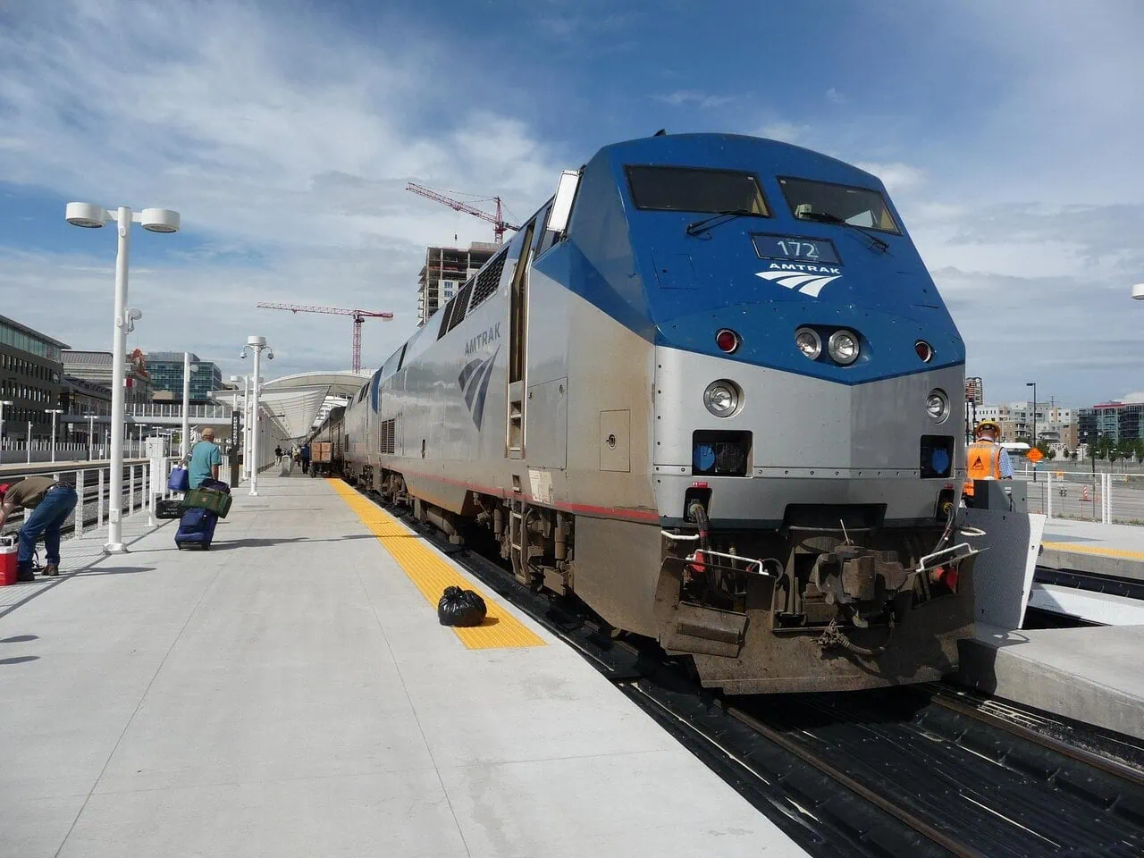 Amtrak long distance sleeper train at a station platform in the United States