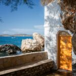 coastal chapel Paros Greece near sea Athens ferry routes