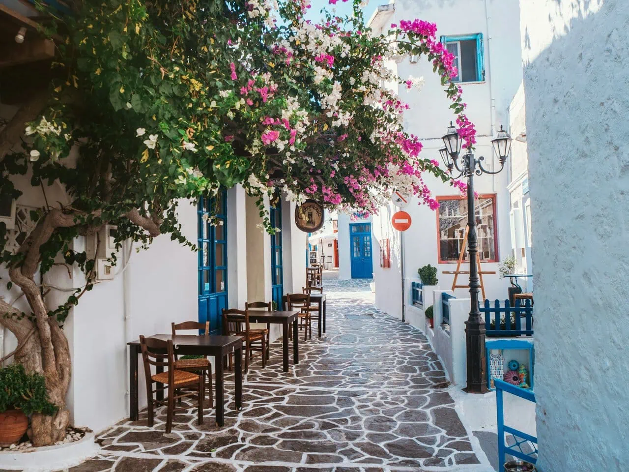 traditional Greek island street with bougainvillea in Milos