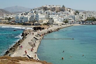 Naxos Portara causeway and waterfront from Athens ferry route