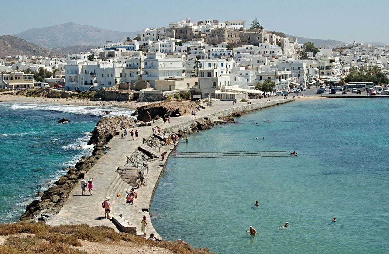 Naxos Portara causeway and waterfront from Athens ferry route