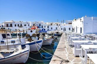 Naoussa harbour Paros boats and waterfront restaurants