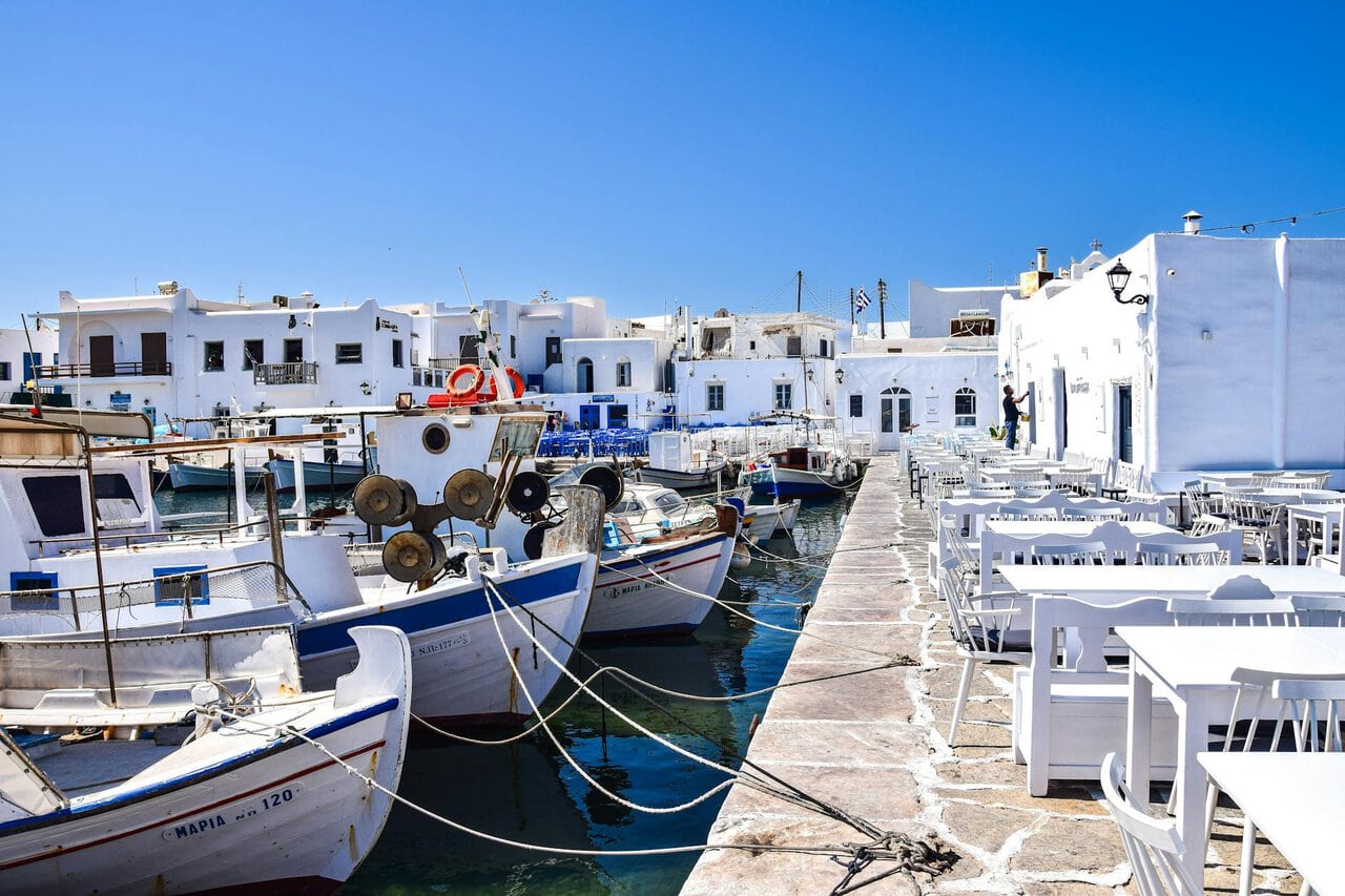 Naoussa harbour Paros boats and waterfront restaurants