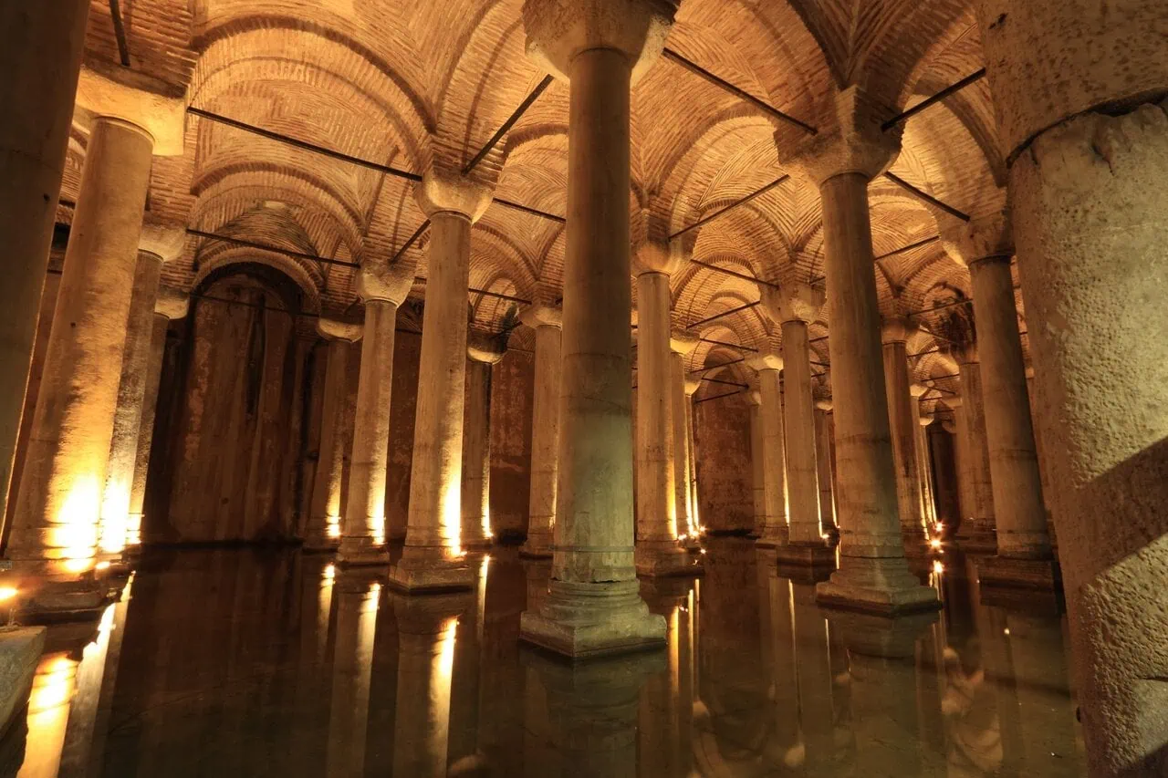 Interior of the Basilica Cistern with columns reflected in water