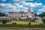 Buckingham Palace in London with the Victoria Memorial and gardens in front