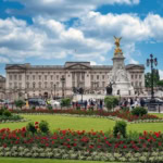 Buckingham Palace in London with the Victoria Memorial and gardens in front
