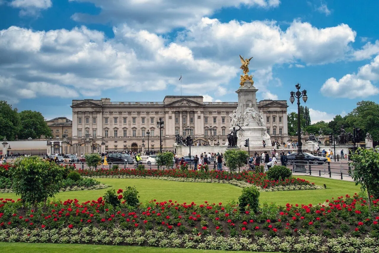 Buckingham Palace in London with the Victoria Memorial and gardens in front