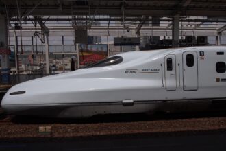 Japan Shinkansen bullet train at station platform covered by Japan Rail Pass