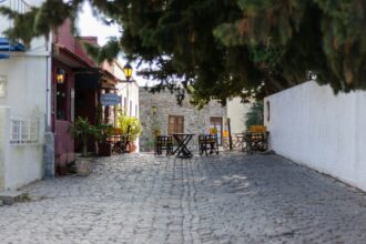 Historic cobbled street in Colonia del Sacramento old town Uruguay