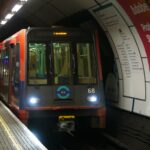 Docklands Light Railway DLR train at underground station in London