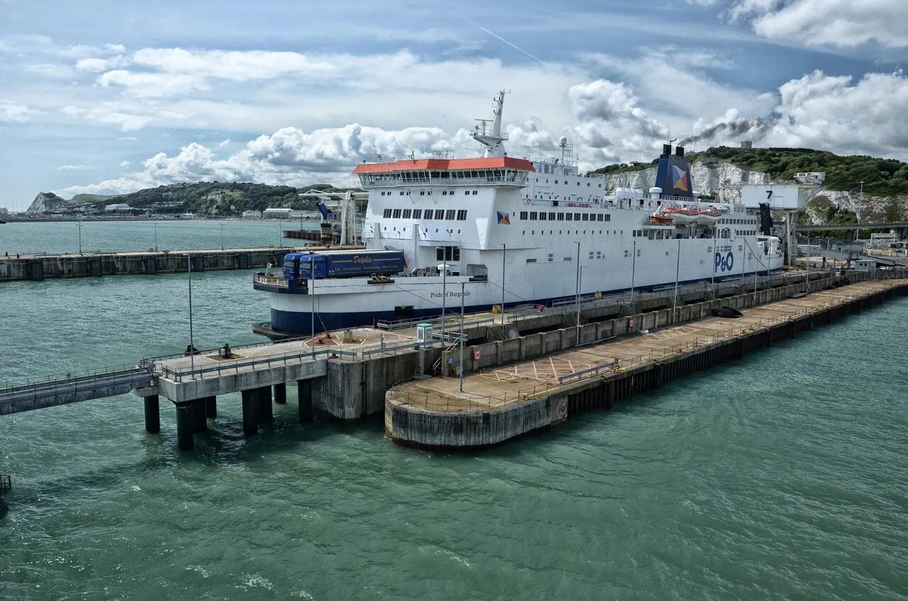 Dover ferry port with P&O ferry docked at terminal in the UK