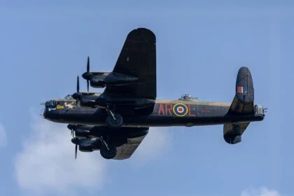 Avro Lancaster bomber flying over Elvington near York at the Yorkshire Air Museum