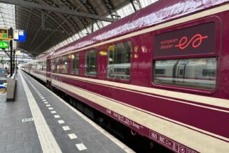 European Sleeper night train at station platform in Europe