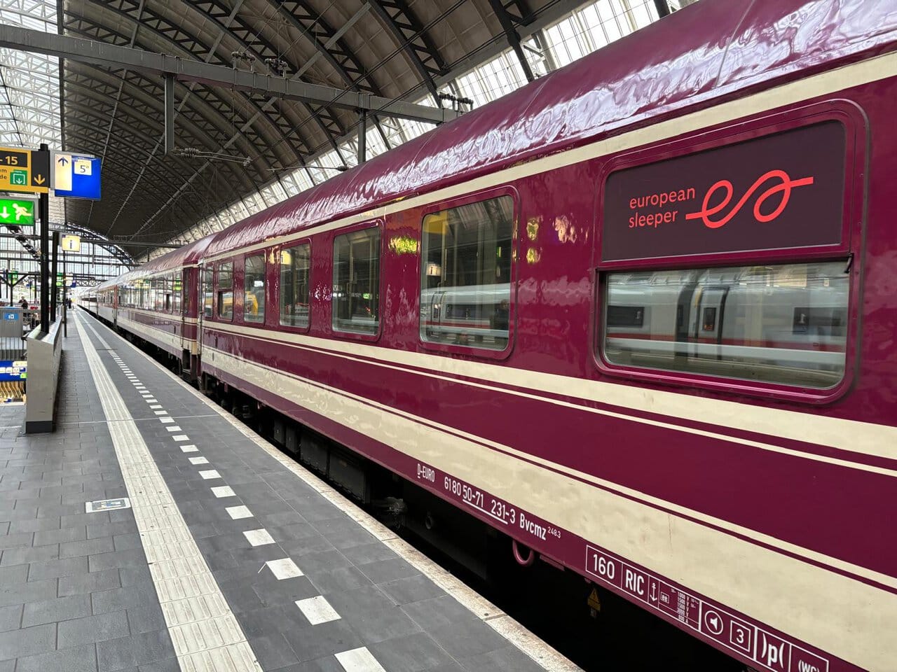 European Sleeper night train at station platform in Europe