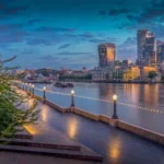 London skyline along the River Thames at sunset