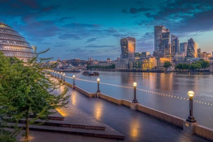London skyline along the River Thames at sunset