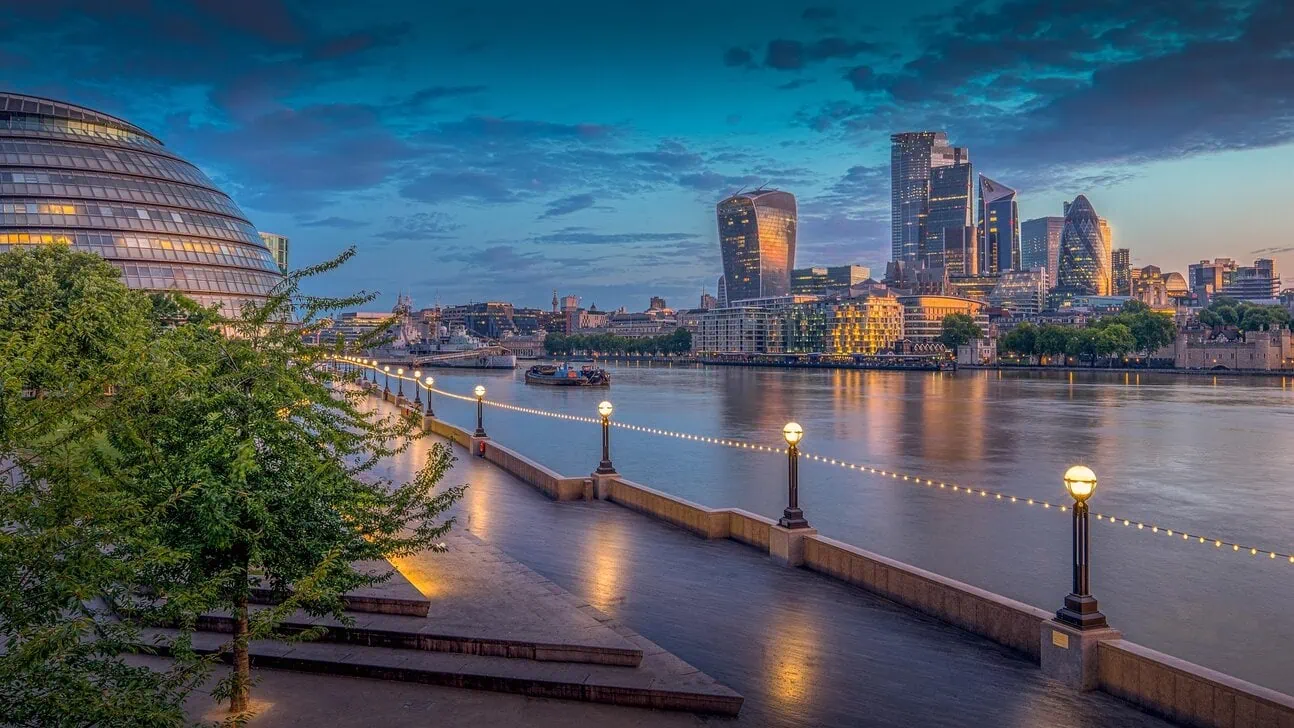 London skyline along the River Thames at sunset