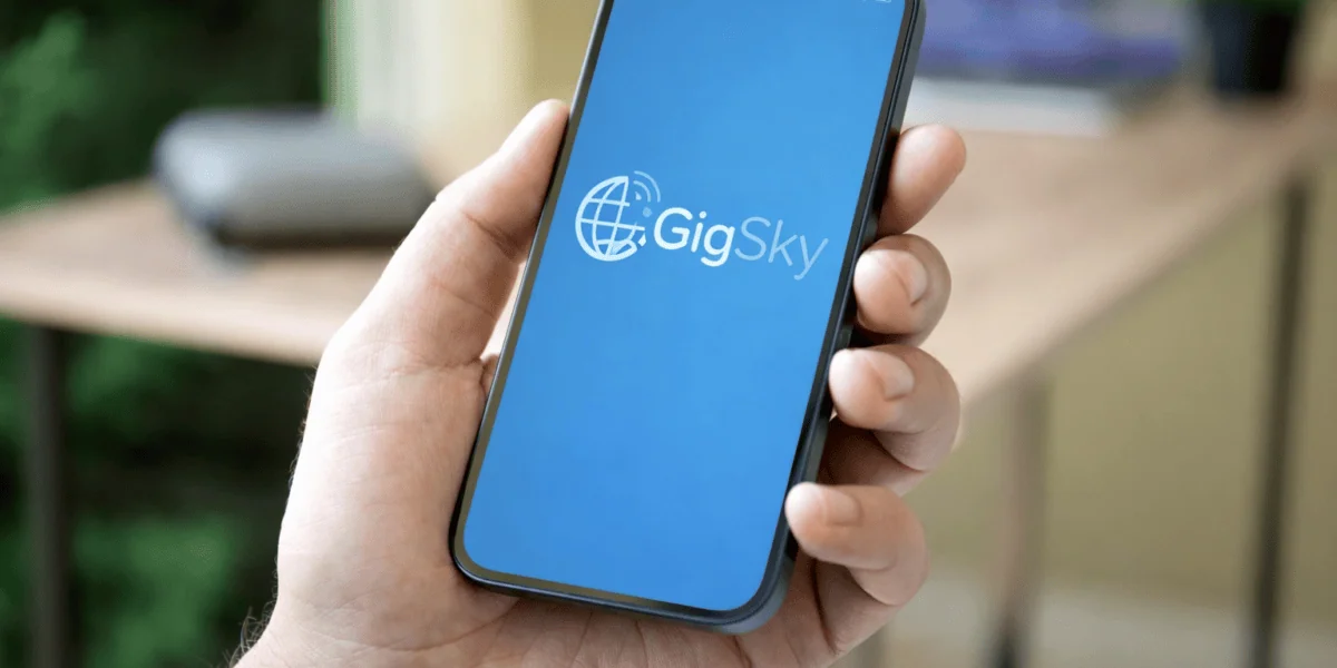 Smartphone displaying the GigSky eSIM app on screen while being held in a hand indoors
