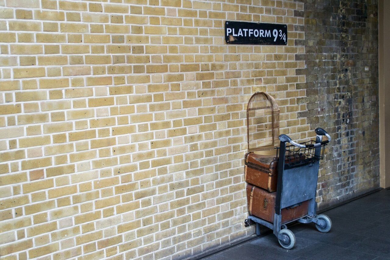 Platform 9Âľ Kings Cross London Harry Potter luggage trolley photo spot