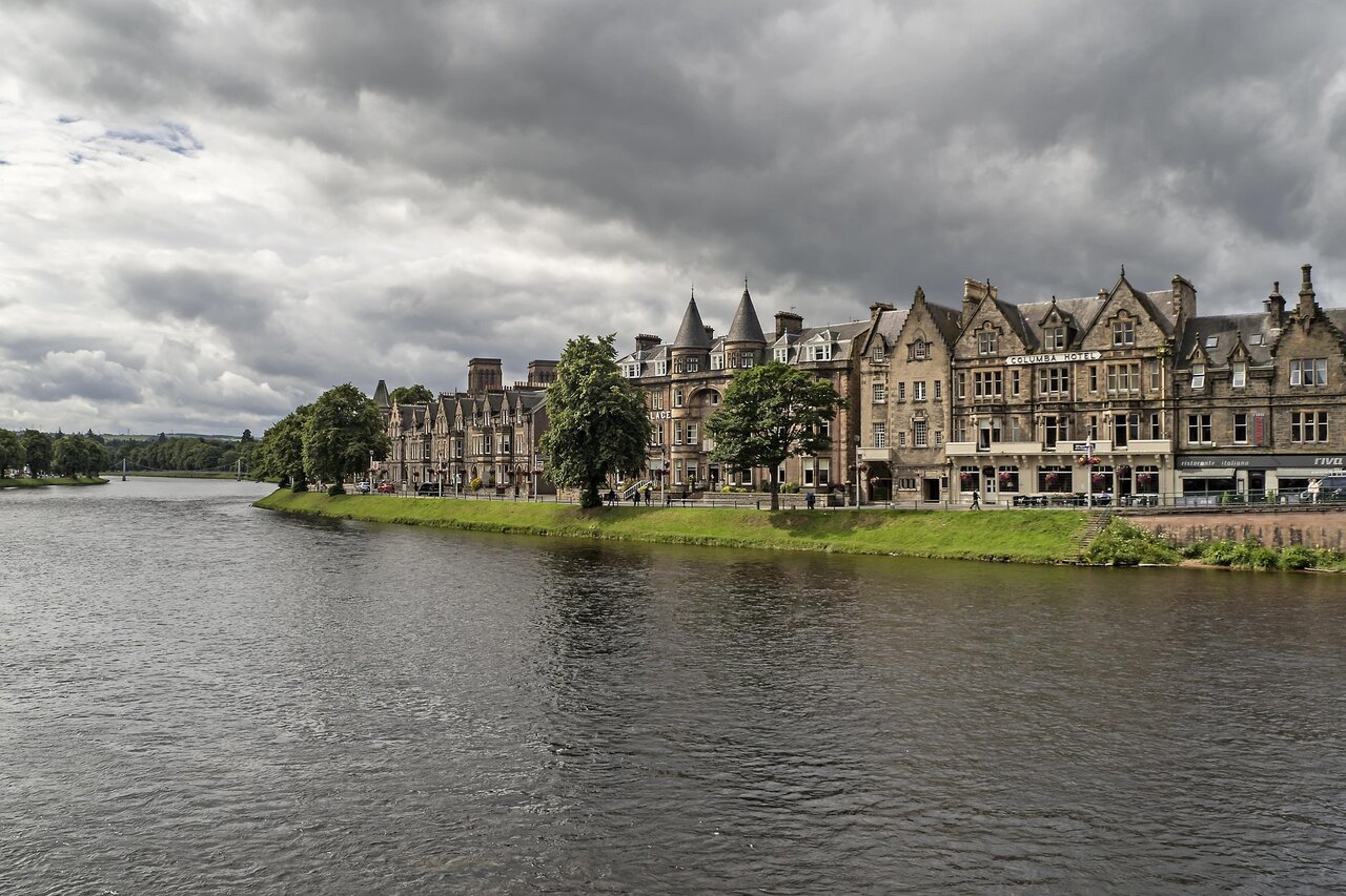 River Ness and riverside buildings in Inverness city centre Scotland