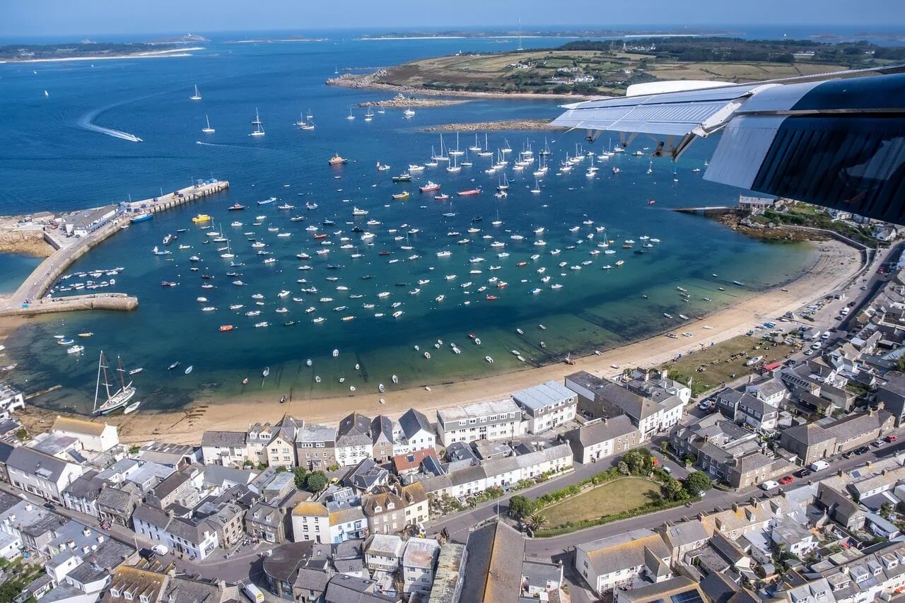 Aerial view of Hugh Town harbour on St Mary’s in the Isles of Scilly