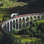 Jacobite Steam Train crossing Glenfinnan Viaduct in Scotland Harry Potter filming location