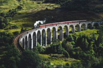 Jacobite Steam Train crossing Glenfinnan Viaduct in Scotland Harry Potter filming location
