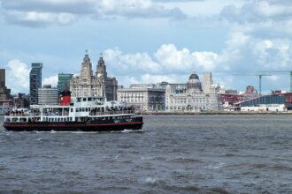 Liverpool waterfront skyline and Mersey ferry