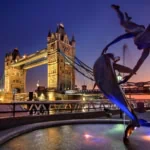 Tower Bridge London with Girl with Dolphin fountain in the foreground at sunset