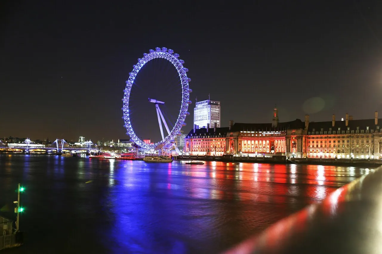 London Eye illuminated at night reflected in the River Thames