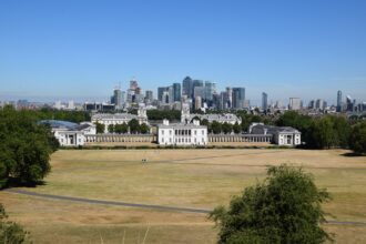London skyline view from Greenwich Park with Canary Wharf in the background