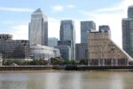 Canary Wharf skyline near London City Airport in East London