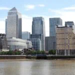 Canary Wharf skyline near London City Airport in East London