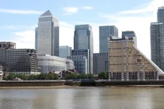 Canary Wharf skyline near London City Airport in East London