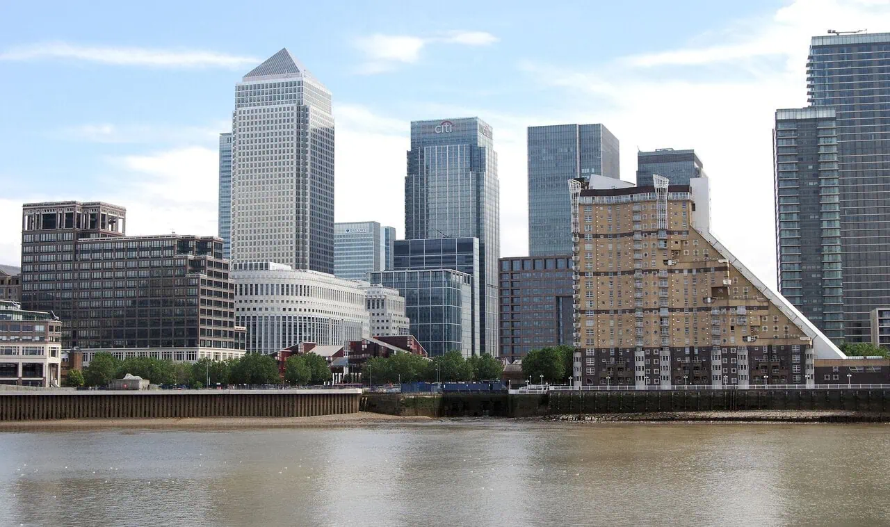Canary Wharf skyline near London City Airport in East London