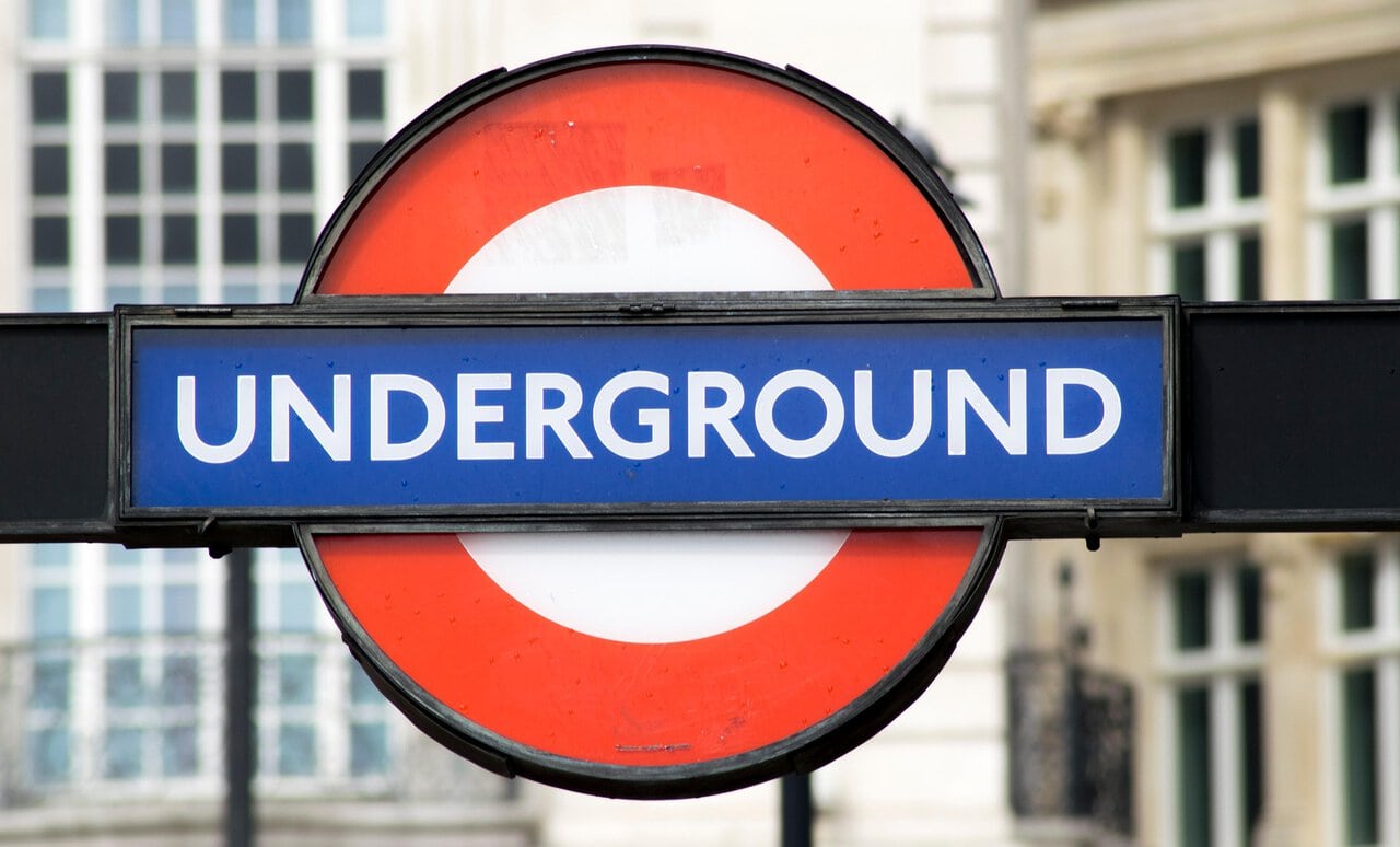 London Underground sign at station entrance in central London