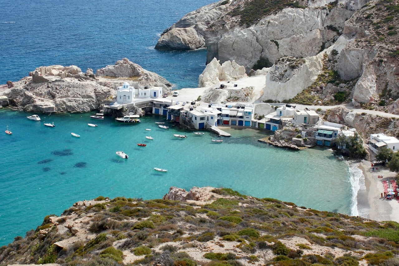 Milos coastline Klima fishing village colourful boathouses